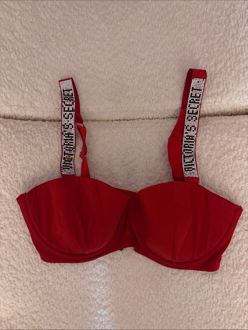 Victoria's Secret Red Rhinestone-Logo Strap Balconette Bra